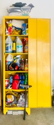 Yellow Metal Locker Cabinet Filled With Cleaning Supplies