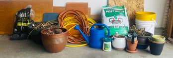 Lot Of Garden Supplies Including Mulch, Pots & Plastic Watering Can