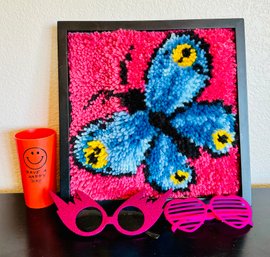 Needle Punch Butterfly Hanging Wall Art With Pink Glasses And Vintage Smile Cup