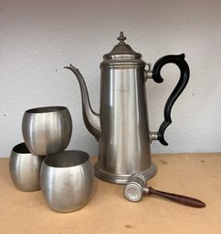 Pewter Teapot And Trio Of Cups
