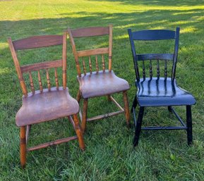 Trio Of Matching Wooden Chairs - 2 Natural And 1 Painted Black