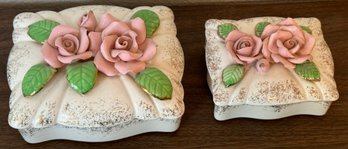 Pair Of Vintage Porcelain 3-D Roses Jewelry Box