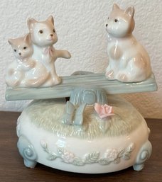 Vintage Porcelain Cats On Teeter Totter Music Box