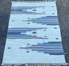 Wool Rug With Southwester Motif Of Teal, Grey & Raspberry Colors