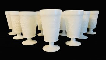 Vintage Set Of 10 White Milk Glass Pedestal Cups Grapes Pattern