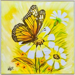 Vintage Framed Butterfly Flower Artwork Signed Painting On Canvas