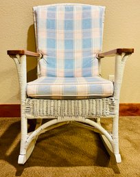 Vintage White Wicker Rocking Chair With Oak Arms
