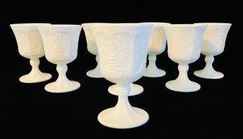 8 Indiana Colony Harvest Grape Leaves Pattern Tall Stemmed Milk Glass Goblets