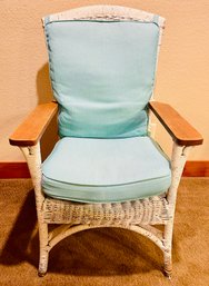 Vintage White Wicker Chair With Oak Arms
