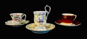 Trio Of Vintage Hand Painted Demitasse Cups And Saucers