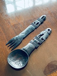Wood Carved Spoon And Fork Serving Pieces