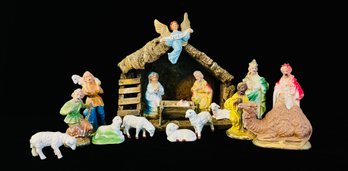 Vintage Nativity Set And Wooden Manger