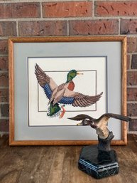 Mallards In Flight - Needlepoint And Vintage Metal Sculpture