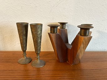 Wood And Brass Candle Holders