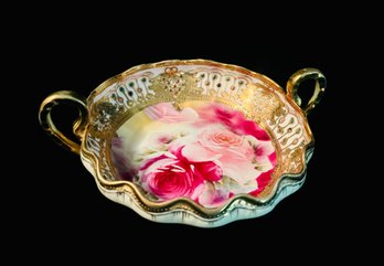 Gilded Scalloped Edge Rose Porcelain Bowl With Handles