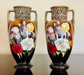 Pair Of Art Nouveau Czechoslovakian Pottery Two Handled Vases