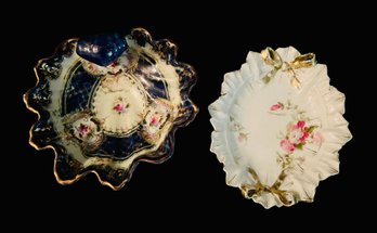 Pair Of Porcelain Dishes, One Cobalt Blue And The Other With Golden Accents