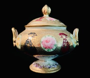 Hand Painted Gilt Porcelain Sugar Bowl With Rose Accents