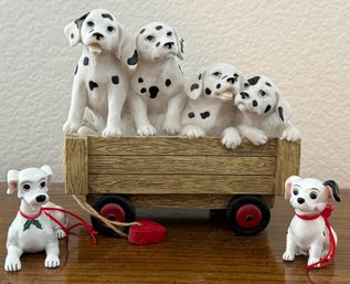Pair Of Dalmatian Dog Figurines & Dalmatians In Wagon Music Box