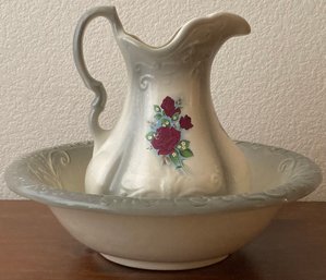 Antique Ceramic Floral Pitcher And Wash Basin