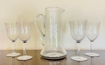 Etched Glass Pitcher With 4 Matching Glasses