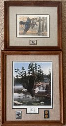 Two (2) Framed Prints With Related Stamps - 'Boundary Waters' With Stamp And Coins And Big Lake Wood Ducks