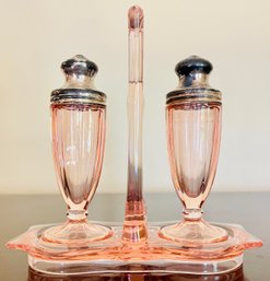 Pink Depression Glass Salt And Pepper Shakers With Carrying Tray