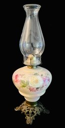 Antique Floral Hand Painted Oil Lamp With Brass Burner And Base