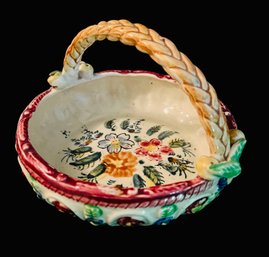 Vintage Japan White Ceramic Hand Painted Basket