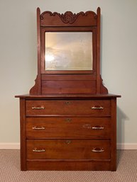 Antique Wood 3 Drawer Dresser With Beveled Glass Mirror