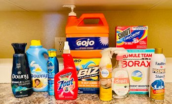 Grouping Of Laundry Supplies Including Downy Fabric Conditioner, Deft Laundry Stain Remover, Borax & More