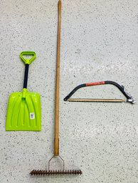 Assorted 3 PC Lot Includes Shovel, Rake & Bow Saw