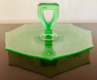 Glass Uranium Or Vaseline Glass Handled Sandwich Or Serving Tray Octagon