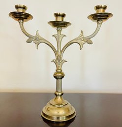 Three-Arm Brass Candelabra With Leaf And Pine Cone Embellishments