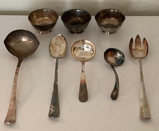 Miscellaneous Silver Pieces Including Spoon, Ladle, And Small Dishes