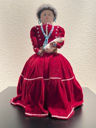 Vintage Handmade Native American Doll In Red Velvet Dress