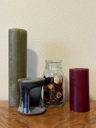 Assorted Home Decor Including Candles, Candle Holder & Potpourri