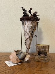 Assortment Of Small Decor Including Saguaro Skeleton Sculpture And Birch Bark Vase