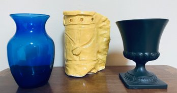 Set Of 3 Vases, Two Glass And One Clay