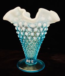 Vintage Fenton Aqua Blue Opalescent Hobnail Furled Rim Tall Vase