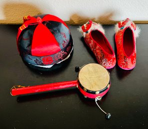 Traditional Chinese Mandarin Hat, Pellet Drum, & Silk Dragon Shoes
