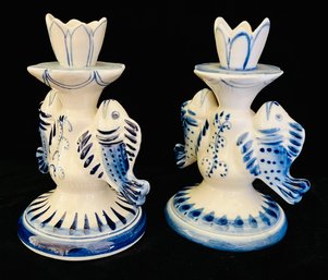 Vintage USSR Russian Gzhel Hand Made Fish Porcelain Candle Holders