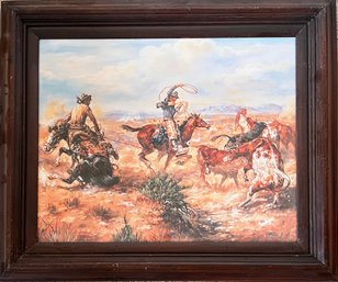 Framed Art Print Featuring Cattlemen Roping Steer