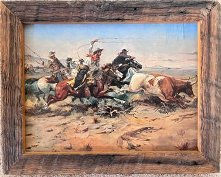 C.M. Russell - 'Cowboys Roping A Steer' - Framed Art Print