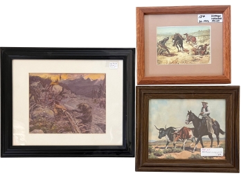 Three (3) Framed Art Prints - C.m. Russell, 'The Cinch Ring' And 'At Close Quarters', And A Michael Meketi