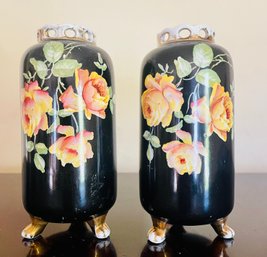 Pair Of Floral Legged Vases With Faded Gold Accents