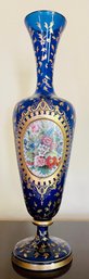 Hand Painted Cobalt Blue Glass Vase With Gold Accents