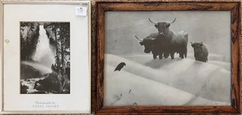 Two (2) Framed Photo Prints - 'Nevada Fall, Rainbow' By Ansel Adams And Cattle In Snow With Raven By Unknown