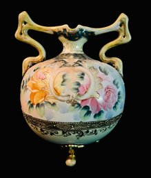 Vintage Nippon Hand Painted Dual Handle Footed Raised Gold Rose Flowers Vase