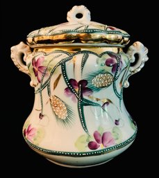 Hand Painted Porcelain Sugar With Floral Design And Golden Accents, Unmarked